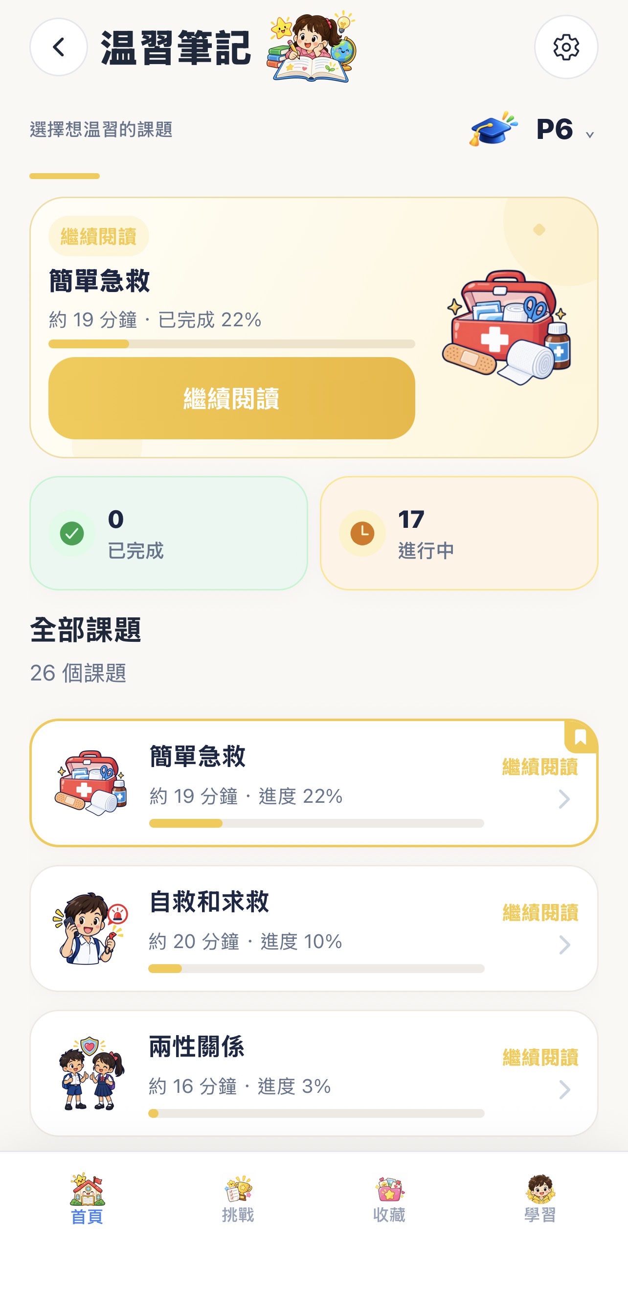 溫習筆記課題列表，顯示閱讀進度